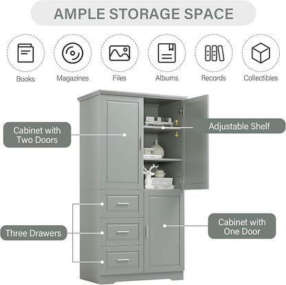 Merax 62.2" Pantry Cabinet with Three Doors & Three Drawers, Adjustable Shelves Storage Cupboard for Kitchen/Dining Room/Bathroom, Gray