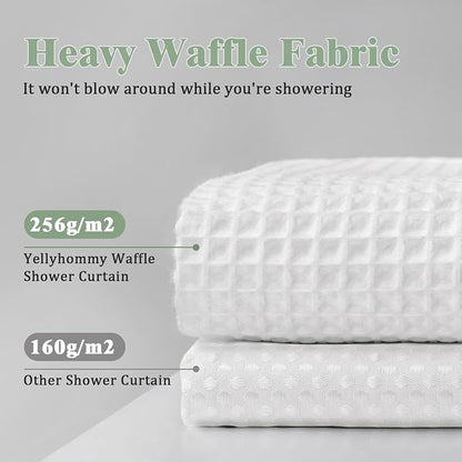 3 in 1 Shower Curtain Set Waffle Shower Curtain with Hooks and Liner Set, Cotton White Fabric Shower Curtains for Bathroom, Washable, 72Wx72L