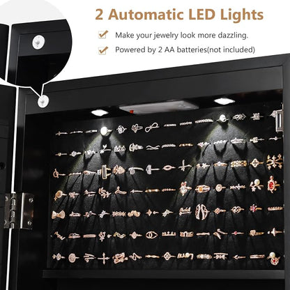 COSTWAY Wall Mounted Jewelry Armoire with Full Length Mirror & 2 LED Lights, Large Storage Capacity, Lockable Mirror Jewelry Cabinet for Women Girls (Black)