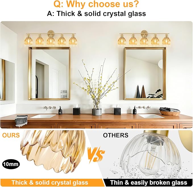 Bathroom Light Fixtures, 5-Light Brushed Gold Vanity Lights for Bathroom with Amber Tulip Glass Shade, 30" Vintage Bathroom Vanity Lighting Fixtures Over Mirror for Bedroom Living Room Hallway