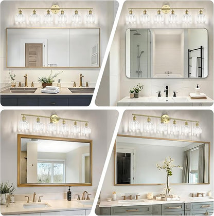 Vintage Bathroom Light Fixtures,6-Light Hardwired Vanity Lights with Clear Tulip Glass Shade,Gold Bathroom Vanity Light for Mirror Restroom,E26 Socket,40.55 in(Bulbs Not Included)