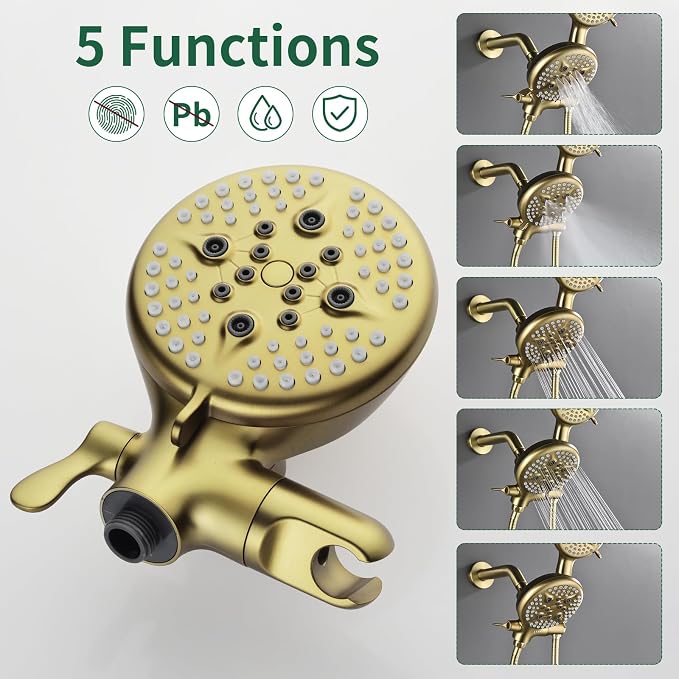 L829-3 Brushed Gold Shower Faucet Set - Complete Dual Shower Head & Handheld Combo, Tub Spout & Trim Kit