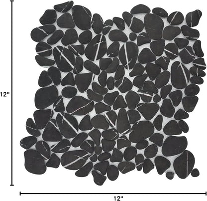 SUNWINGS 10-Sheet Pebble Tile for Shower Floor Border Kitchen Bathroom Backsplash, Black Marquina Recycled Glass Marble Stone Looks Wall and Floor Tile, Covers 7.9 Sq. Ft