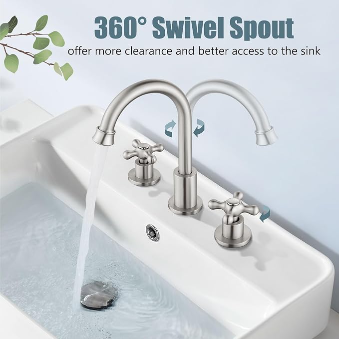 3 Hole Bathroom Sink Faucet Widespread Metal Label Brushed Nickel | High-Arc Swivel Spout,Pop Up Drain,Cross Handle,cUPC Hose,for 6-16″Centerset Basin,Farmhouse,RV,Vanity,Lavatory 8" Mixer Tap