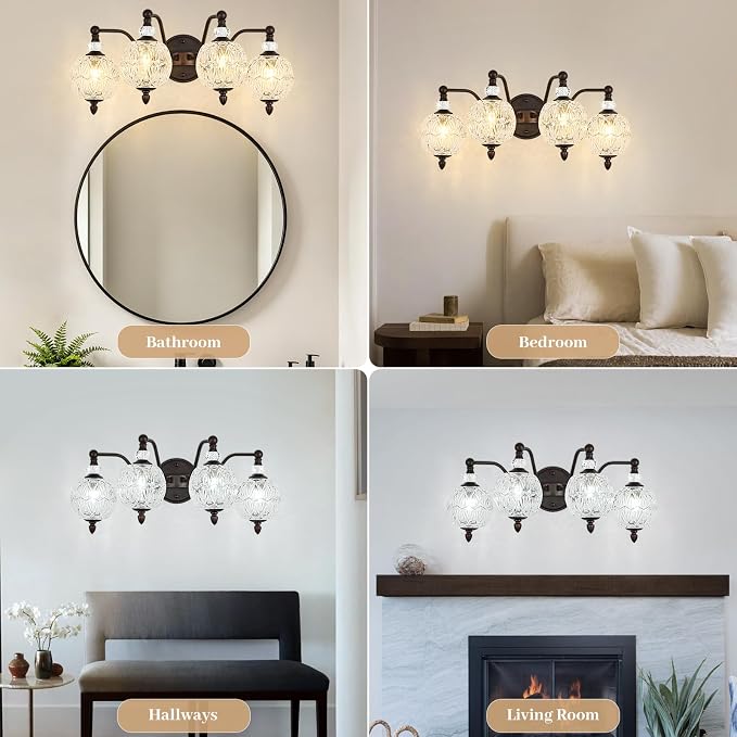 Vintage Bathroom Vanity Light, 4-Light Mid Century Oil Rubbed Bronze Finish Wall Sconce with Globe Glass Shades, Retro Mirror Light for Bathroom, Powder Room
