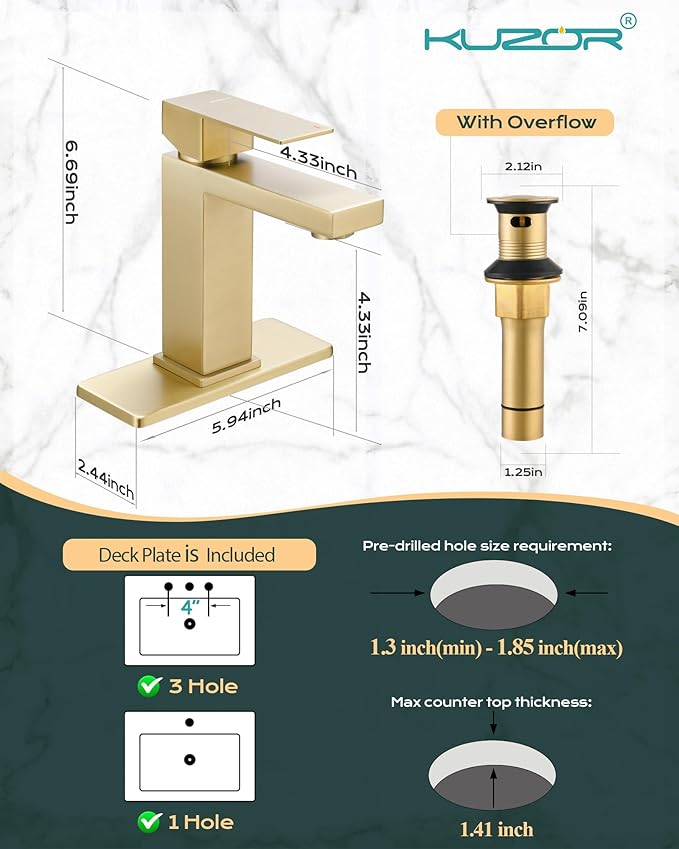 Single Hole Bathroom Faucet, 1-Handle Bathroom Sink Faucet with Pop-Up Drain, 304 Stainless Steel Brushed Glod for Modern Bath/Vanity