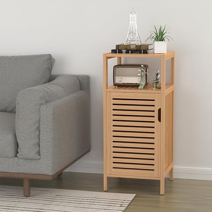 Bamboo Bathroom Storage Cabinet, Freestanding Floor Cabinet with Single Door for Living Room, Bedroom, Hallway, Kitchen