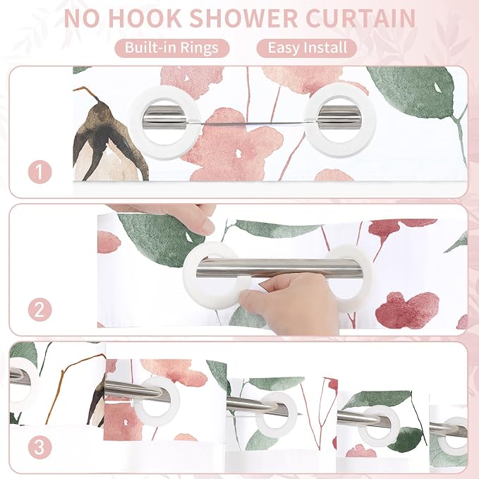 Litabel No Hook Pink Watercolor Floral Shower Curtain and Liner Set, 72x80 | Spring Flower Shower Curtains with Snap-in Liner for Farmhouse Bathroom Decor, Botanical Bathroom Curtain with Leaves