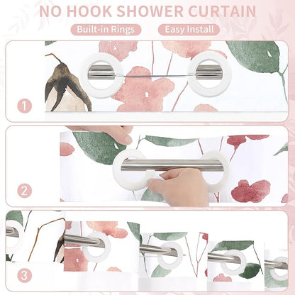 Litabel No Hook Pink Watercolor Floral Shower Curtain and Liner Set, 72x80 | Spring Flower Shower Curtains with Snap-in Liner for Farmhouse Bathroom Decor, Botanical Bathroom Curtain with Leaves