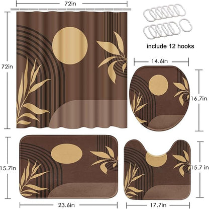 Bathroom Sets with Shower Curtain and Rug Boho 4 Pcs, Mid | Century Abstract Geometric Minimalist Bathroom Decor Set with Toilet Lid Cover, Non-Slip Bath Mats and Accessories 12 Hooks