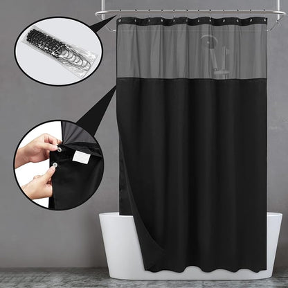 N&Y HOME Extra Long Waffle Shower Curtain with Snap-in Liner Black, 71x84 | 12 Black Hooks Included, Snap on/off Fabric Liner, Mesh Window, Washable, Hotel Style Black Shower Curtain Set for Bathroom