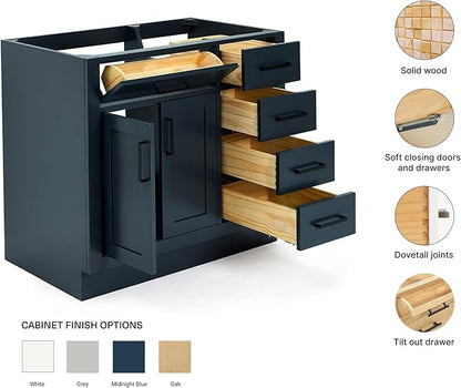 ARIEL Hepburn 36-inch Bathroom Vanity Base Cabinet,Solid Wood, 2 Soft Closing Doors, 5 Dovetail Drawers, Midnight Blue
