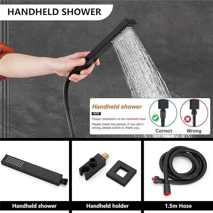 Midanya Shower Faucet Set,Wall Mount Shower System with Square Rain Shower Head and Hand Sprayer, Rough-in Valve Body and Trim Kit Included,10 Inch,Matte Black