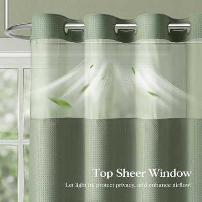 Sage Green Hook Free Waffle Shower Curtain & Snap-in Liner,72x75 | Less Time to install, 3 in 1 Fabric Shower Curtain and Liner Set with Magnets, Mesh Top Window, Shower Curtains for Bathroom