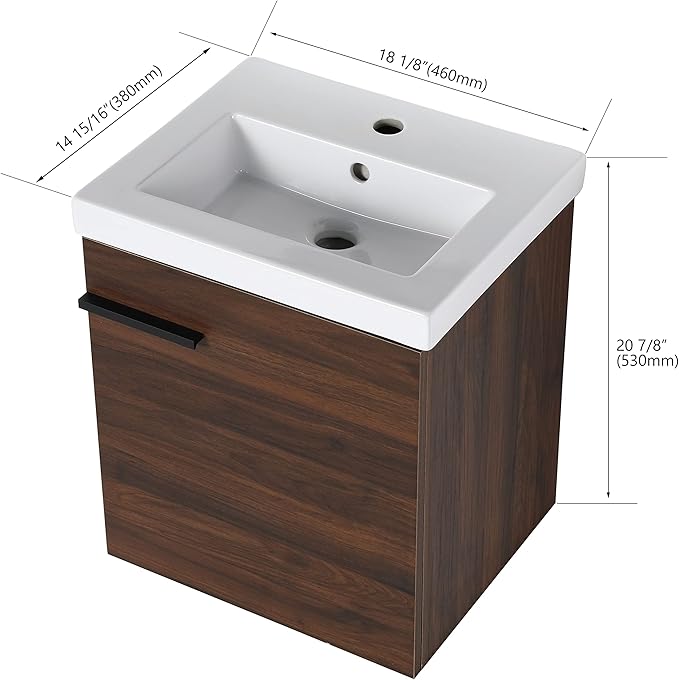18" Bathroom Vanity with Sink, 18 Inch Floating Bathroom Vanity for Small Space, Modern Bathroom Vanity, Brown Wall Mounted Cabinet Set（017）