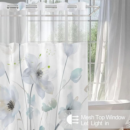 No Hook Shower Curtain and Liner Set, Light Blue Boho Floral 71x77 | Watercolor Boho Flower, with Snap in Liner, Mesh Top Window, Waterproof, Machine Washable, Quick-Drying, for Hotel Bathroom