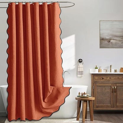 MIULEE 72"x84" Extra Long Scalloped Linen Shower Curtain Burnt Orange | Linen Textured, Waterproof, Washable, 12 Metal Hooks, Heavy Duty Cloth, Black Border, Shower Curtain for Bathroom Bathtub