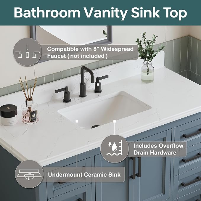 48" Bathroom Vanity with Sink, Fully Assembled, Steel Blue | Solid Wood Bathroom Vanities Set with Quartz Countertop, 2 Soft Close Doors & 7 Full Extension Dovetail Drawers