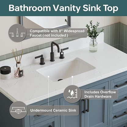 48" Bathroom Vanity with Sink, Fully Assembled, Steel Blue | Solid Wood Bathroom Vanities Set with Quartz Countertop, 2 Soft Close Doors & 7 Full Extension Dovetail Drawers