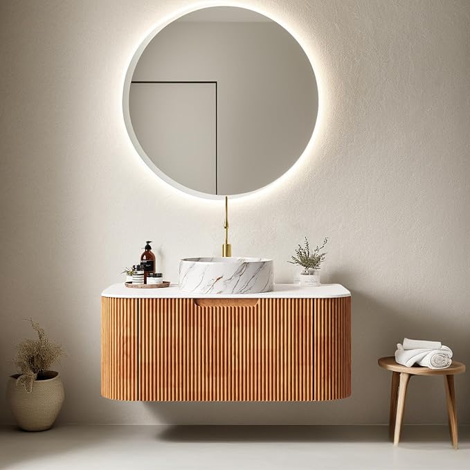 36" Bathroom Vanity with Sink, Plywood Cabinet, Nature Wood | Plywood Cabinet, Single Sink, Doubel Sink, Ceramic Basin & Marble Countertop, Pre-Assembled
