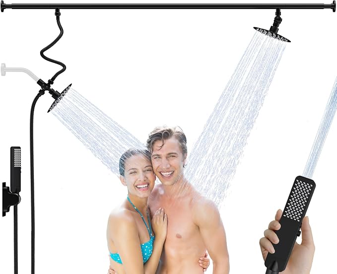Dual Shower Head for Couples with 6-Mode Diverter, Matte Black | 304 Stainless Steel, Adjustable High Pressure Double Shower Head, Couples Gift, Renter-Friendly, Fits 53"-74" Wide Bathrooms