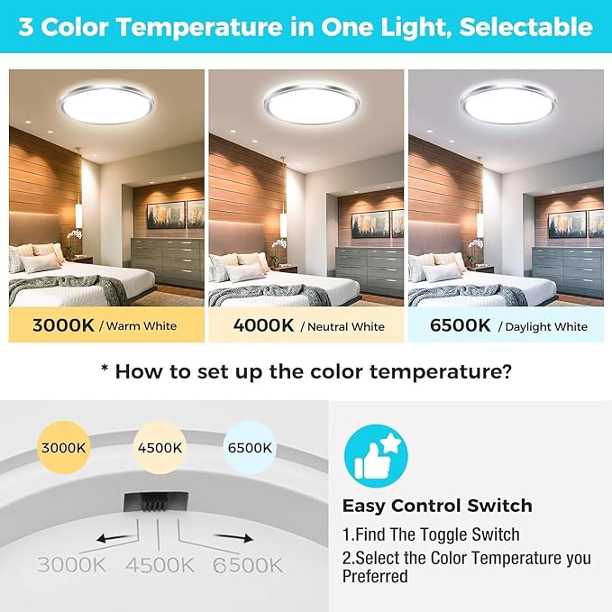 zemty 6Pack 6.5Inch LED Ceiling Lights Brushed Nickel, 12W 1200lm Small Flush Mount Light Fixture, 3000K/ 4000K/ 6500K Round Flat Recessed Ceiling Lights for Kitchen, Closet, Hallway,Pantry