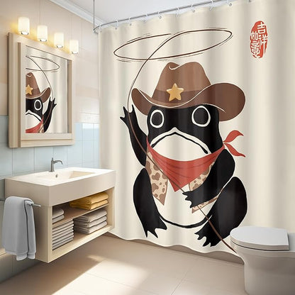 LGhtyro Funny Cowboy Frog Shower Curtain Bathroom Set 71Wx84H Inches Extra Long Western Rodeo Animal Japanese Art Asian Traditional Bath Accessories Black Beige Art Home Decor Fabric 12 Pack Hooks