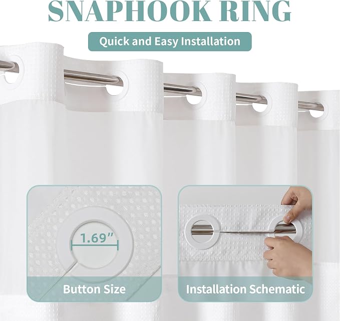 eachope No Hook Waffle Shower Curtain with Snap-in Liner, 36x74 Inch, White | 230GSM waffle weave fabric, waterproof liner set with 2 bottom magnets, mesh window, washable, for shower stalls or bathrooms