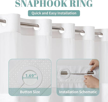 eachope No Hook Waffle Shower Curtain with Snap-in Liner, 60x74 Inch, White | 230GSM waffle weave fabric, waterproof liner set with 2 bottom magnets, mesh window, washable, for shower stalls or bathrooms