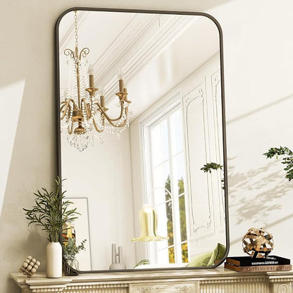 Easly 30 x 40 Inch Bathroom Mirror, Rounded Rectangular Vanity Mirror for Wall, Modern Mirror for Room Decor, Black Framed Wall-Mounted Mirrors for Home Decor, Hangs Horizontally or Vertically