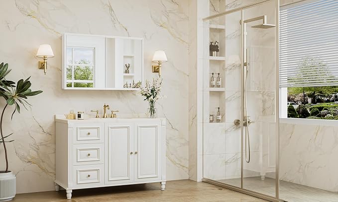 36 x 24 White Recessed Medicine Cabinet with Mirror, Assembly Required, Bathroom Medicine Cabinet with Mirror, Stepless Adjustable Shelves, Beveled Aluminum Frame, DTC Hinge