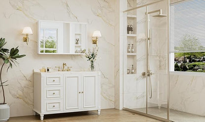 36 x 24 White Recessed Medicine Cabinet with Mirror, Assembly Required, Bathroom Medicine Cabinet with Mirror, Stepless Adjustable Shelves, Beveled Aluminum Frame, DTC Hinge