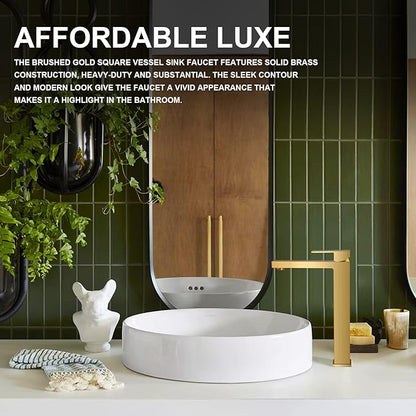 Lava Odoro Gold Vessel Sink Faucet, Brushed Gold Single Hole Bowl Sink Faucet Tall Bathroom Faucet Single Handle with Pop up Drain Assembly, BF307-T-SG