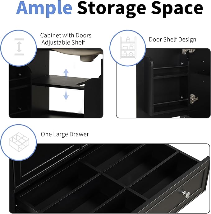 LUMISOL 30" Bathroom Vanity with Sink, Solid Wood Black Bathroom Vanity with Drawer and Storage Racks, Adjustable Shelf, Freestanding Bathroom Sink Cabinet with Ceramic Basin, Black