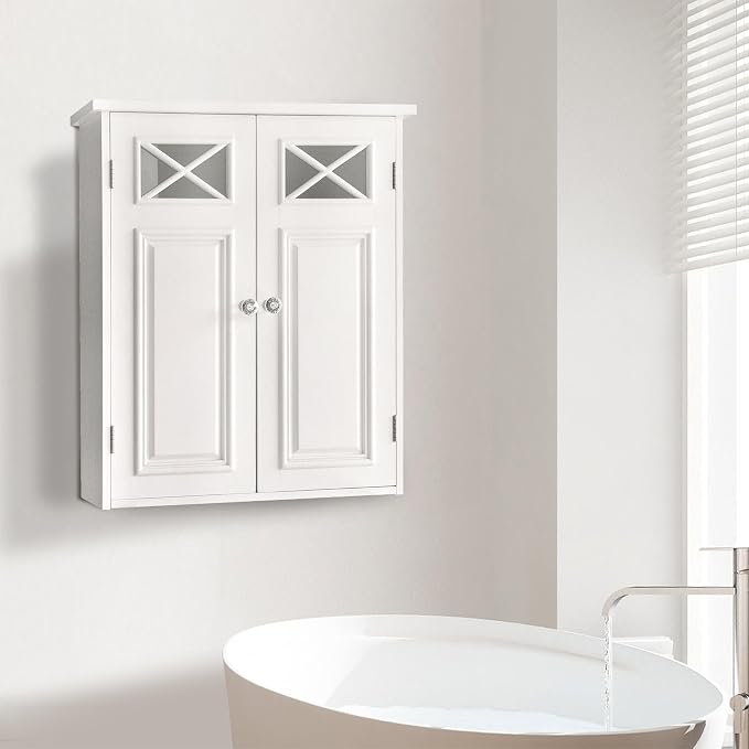 Teamson Home Dawson Wooden Over The Toilet Bathroom Removable Wall Medicine Cabinet with 1 Adjustable Shelf 2 Storage Spaces 2 Cross Molding Doors and Crystal-Cut Knobs, White | 2 Doors, Floor Mount, Open Shelf, Crystal-Cut Knobs