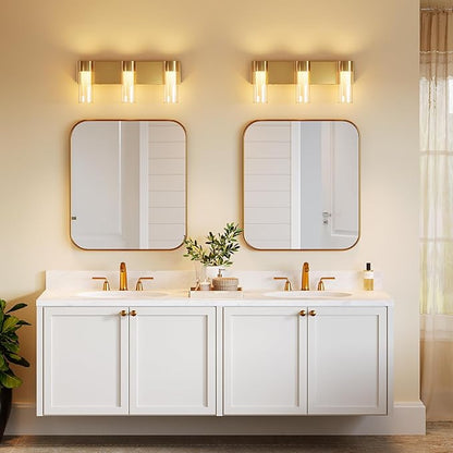 Tribesigns LED Bathroom Light Fixtures, 3-Light Vanity Lights Over Mirror, Wall Lights with 3 Color Modes & Gold Finish, Wall Sconces with Clear Glass Shades for Bathroom Hallway Bedroom
