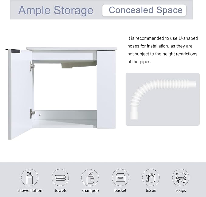Malwee 22" Floating Bathroom Vanity with Sink, 22 Inch Single Sink Wall Mounted Bathroom Vanity, with 1 Door and White Ceramic Basin Top for Small Space, Plywood Cabinet Storage(002-22)