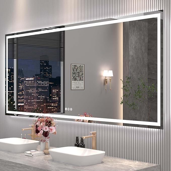 Snowdool 88 x 38 in LED Bathroom Mirror, Front and Backlit, Anti-Fog | Front and Backlit, 3 Color Temperatures, Anti-Fog, Tempered Glass