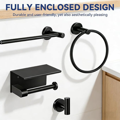 5Pcs Bathroom Hardware Set, Matte Black Bathroom Accessories Set with 24" Towel Bar, Upgraded Toilet Paper Holder with Shelf, Towel Ring & 2 Robe Hooks, Wall Mounted Stainless Steel Bath Hardware Set