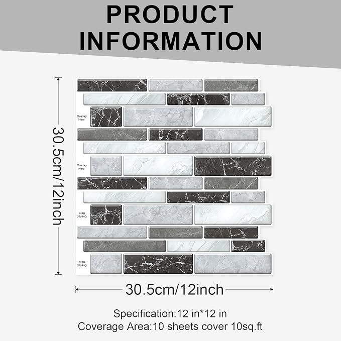 10 Sheets Peel and Stick Backsplash, Peel and Stick Tiles, Marble Look Wall Tiles Backsplash for Kitchen and Bathroom, Livingroom, 12"x12",Nero Marquina Marble