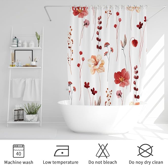 Red Linen Shower Curtain, Floral Curtain for Bathroom, 72x72 | Waterproof Fabric, Modern Minimalist Floral Print, Machine Washable, Rustproof Grommets, for Bathroom Home