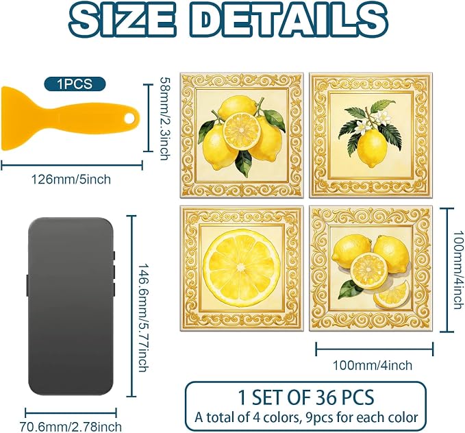 36 Pcs 4 Styles Retro Lemon Patten Tile Sticker Lemon Blossom Patten Wall Tile Stickers Waterproof Self Adhesive Stick on Decals for Kitchen Bathroom Wall Art 4×4 Inch