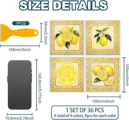 36 Pcs 4 Styles Retro Lemon Patten Tile Sticker Lemon Blossom Patten Wall Tile Stickers Waterproof Self Adhesive Stick on Decals for Kitchen Bathroom Wall Art 4×4 Inch
