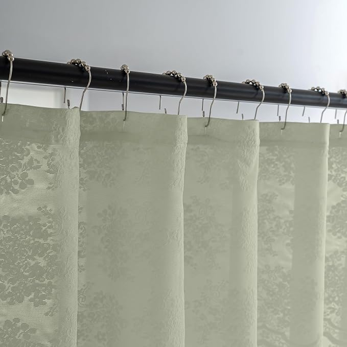 TUDECO Stand Up Sage Green Lace Shower Curtain with Valance, 36''W x 72''L | Vintage Floral, Semi-Sheer, Antique, Scalloped Edges, Reinforced Holes Top, Machine Washable, 1 Panel
