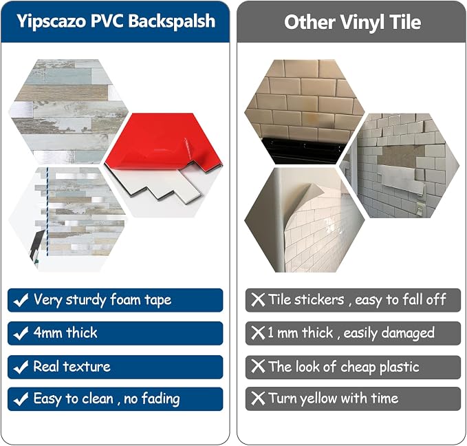 Yipscazo 20 Sheets Peel and Stick Wood Metal Tile Backsplash, Stick on Tiles for Backsplash Kitchen, Bathroom, Laundry Room, Camper, Fireplace (12'' X 12'', White Wood with Metal)