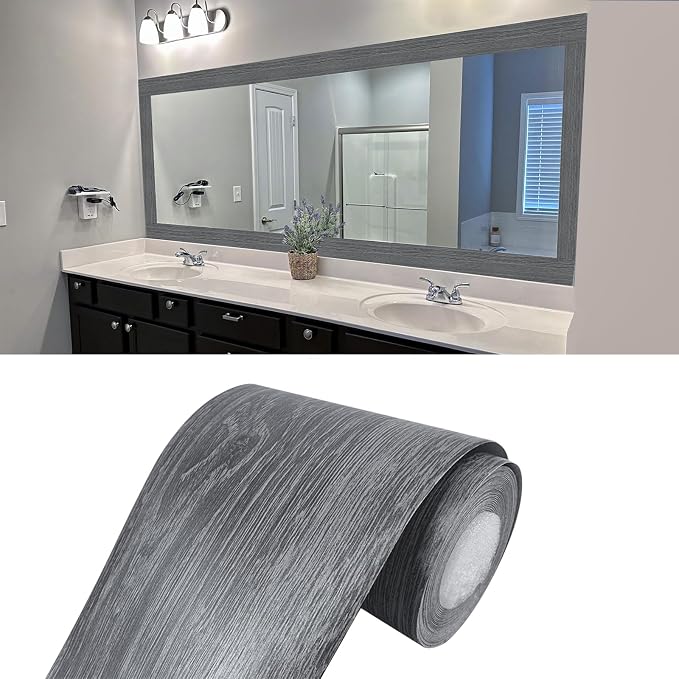 Teemall 10M Black Wood Grain Removable PVC Waterproof Border Wall Decor Removable Self Adhesive Kitchen Bathroom Tiles Sticker Wallpaper 4.2x390 (Dark Gray, 4" x 390")