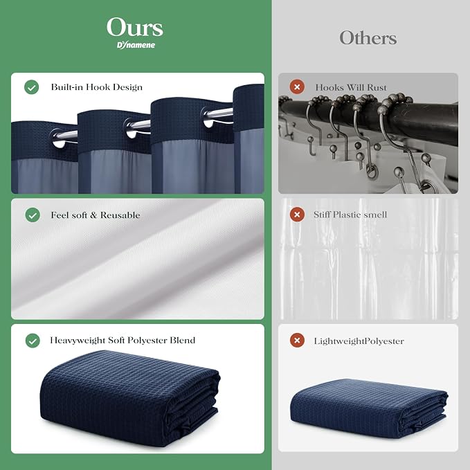 Navy Blue Hook Free Waffle Shower Curtain & Snap-in Liner,72x75 | Less Time to install, 3 in 1 Fabric Shower Curtain and Liner Set with Magnets, Mesh Top Window, Shower Curtains for Bathroom