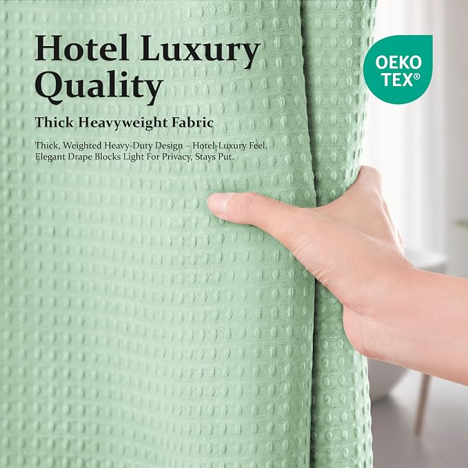 Waffle Shower Curtain 256 GSM Heavy Duty Fabric 72" x72 Mint Green | Thick Textured Cloth, Weighted Hem, Water Repellent Washable, Hotel Luxury Polyester Shower Curtain Set for Bathroom 12 Hooks
