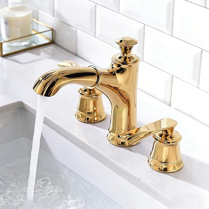 Pull Down Bathroom Faucet 3 Hole Gold Double Handle Hot and Cold Restroom Faucet 3 Holes,Gold