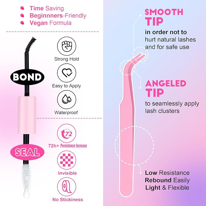 Lash Extension Kit DIY 40D 12-18mm Individual Lashes Clusters Kit 280pcs Cluster Eyelash Extensions Kit with Lash Bond and Seal, Tweezers for Self Application (Long 40D, 12-18mm, Kit)